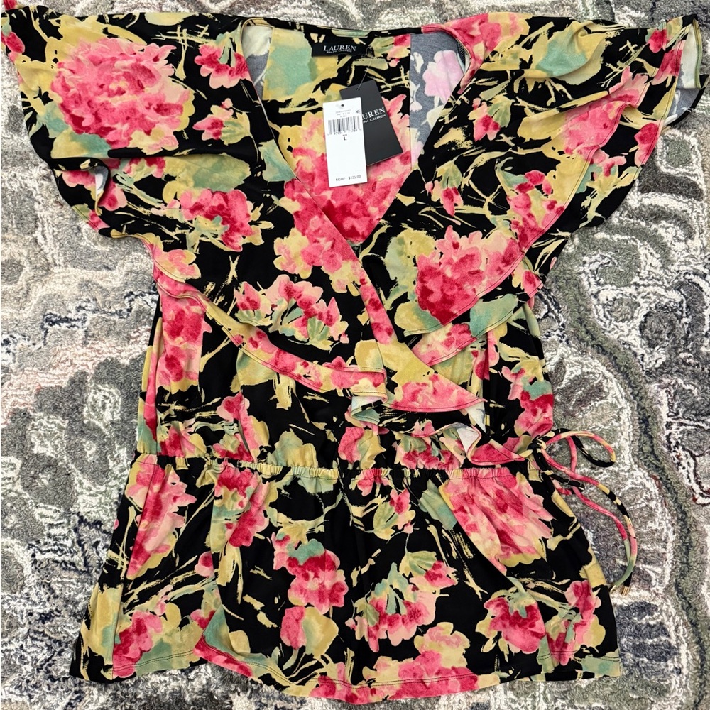 Ralph Lauren Flutter Sleeve Cross Front V Neck Top Blouse Floral NWT Large - Picture 10 of 13
